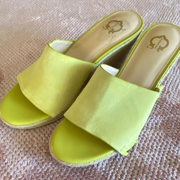 C Wonder Citron Yellow Suede Fringe Freida Espadrille Wedge Sandals 7.5 - Picture 2 of 8